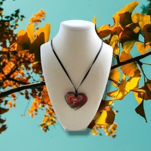 Artisanal Multicolor Lampwork Glass Heart Pendant Ribbon Necklace